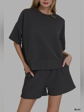 Zenana Women's Ribbed Round Neck Short Sleeve Tee Shirt & Waistband Shorts-Small